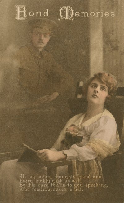„Fond Memories”, romantyczna pocztówka wysłana przez żołnierza do ukochanej autorstwa Unbekannt