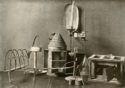 Ocieplacz do stóp, lampy naftowe, kinkiet, blaszana latarnia i toster, XVIII w., 1937 r. autorstwa Unbekannt