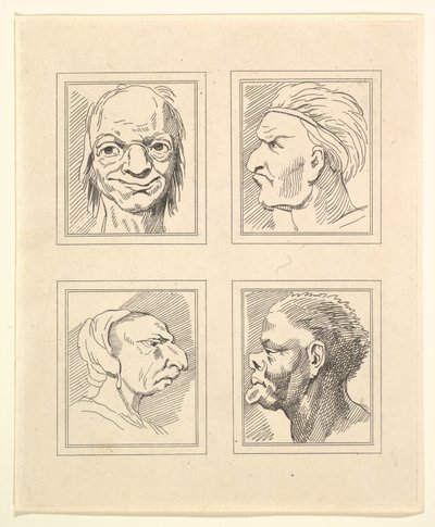 Cztery głowy z Characaturas Leonarda da Vinci, z Rysunków Wincelslausa Hollara, ..., 1786. autorstwa Unbekannt