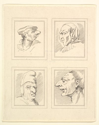 Cztery głowy z Characaturas Leonarda da Vinci, z Rysunków Wincelslausa Hollara, ..., 1786. autorstwa Unbekannt