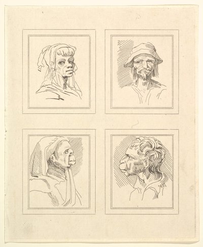 Cztery głowy z Characaturas Leonarda da Vinci, z Rysunków Wincelslausa Hollara, ..., 1786. autorstwa Unbekannt