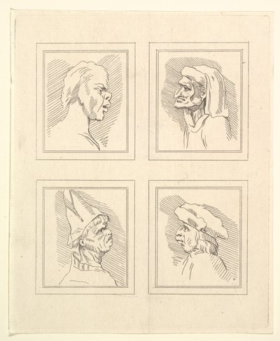 Cztery głowy z Characaturas Leonarda da Vinci, z Rysunków Wincelslausa Hollara, ..., 1786. autorstwa Unbekannt