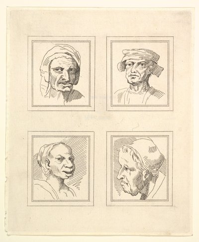Cztery głowy z Characaturas Leonarda da Vinci, z Rysunków Wincelslausa Hollara, ..., 1786. autorstwa Unbekannt