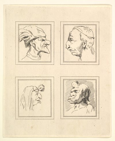 Cztery głowy z Characaturas Leonarda da Vinci, z Rysunków Wincelslausa Hollara, ..., 1786. autorstwa Unbekannt