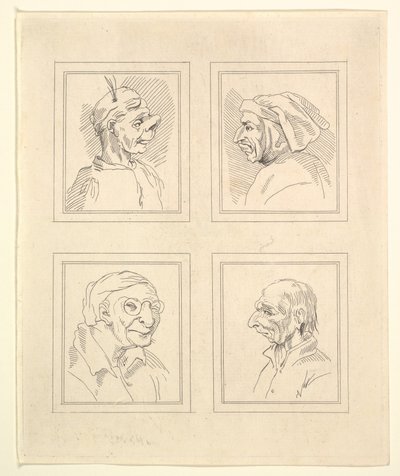 Cztery głowy z Characaturas Leonarda da Vinci, z Rysunków Wincelslausa Hollara, ..., 1786. autorstwa Unbekannt