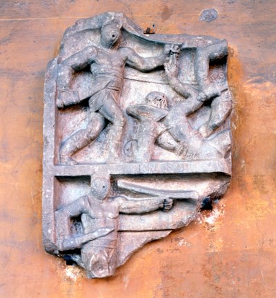 Fragment rzymskiej płaskorzeźby przedstawiającej walczących gladiatorów autorstwa Unbekannt