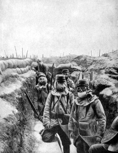 Francuscy żołnierze w improwizowanych maskach gazowych, 1915 autorstwa Unbekannt