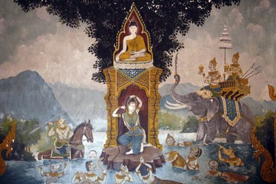 Fresk przedstawiający scenę z życia Buddy w Wat Phra Doi Suthep w Chiang Mai. Phra Mae Thorani kręci swoje długie włosy, a potoki wody tworzą powódź. Tajlandia autorstwa Unbekannt
