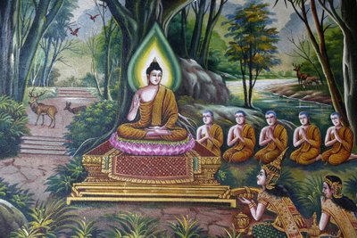 Fresk przedstawiający Buddę z wyznawcami w Wat Chiang Mun, Chiang Mai. Tajlandia autorstwa Unbekannt