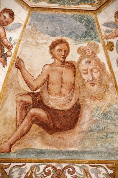 Fresk w kościele Dominikanów, Muro Leccese, Apulia: mężczyzna trzymający głowę św. Jana Chrzciciela, Muro Leccese, Włochy autorstwa Unbekannt