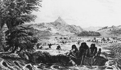 Fuegians w Woollya, z obozem ekspedycji Fitzroya w tle, 1831 1839 autorstwa Unbekannt