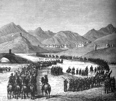 Dywizja generała Rosss przekraczająca rzekę Logar w drodze na spotkanie z Sir Donaldem Stewartem, ok. 1880 r. autorstwa Unbekannt
