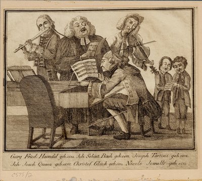 Georg Friedrich Haendel, Johann Sebastian Bach, Giuseppe Tartini, Johann Joachim Quantz, Christoph W autorstwa Unbekannt