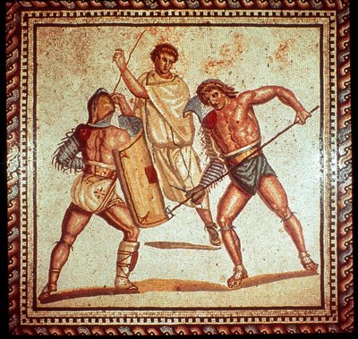 Gladiatorzy na arenie, mozaika rzymska, Saarbrucken, Niemcy autorstwa Unbekannt