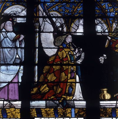Gotycka architektura. Witraż Anioła Zwiastowania, fragment Anioła, ok. 1450, autorstwa Mistrza Jacques Coeur (Jacob de Littem). Katedra de Bourges. autorstwa Unbekannt