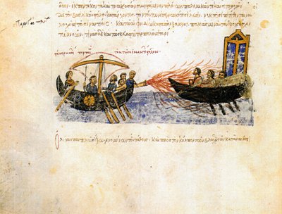 Ogień grecki. Miniatura z madryckich Skylitzów, XI-XII w. autorstwa Unbekannt