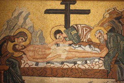 Grecka ikona prawosławna przedstawiająca złożenie Chrystusa w cerkwi św. Jerzego, Madaba, Madaba, Jordanie autorstwa Unbekannt