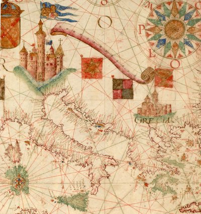HM 1549   LUÍS TEIXEIRA, WYKRES PORTOLAN. Lizbona, ca. 1600 Wpisany na zwoju „Por Luis Te[ixe]ira em Lix[bo]a”. Sprzedany w 1867 przez Henry