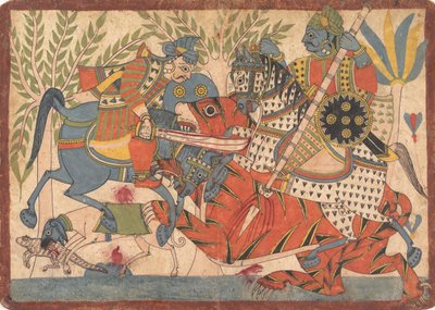 Harishchandra i jego minister zabijający tygrysa folio z serii Harishchandra, 1800-1850. autorstwa Unbekannt