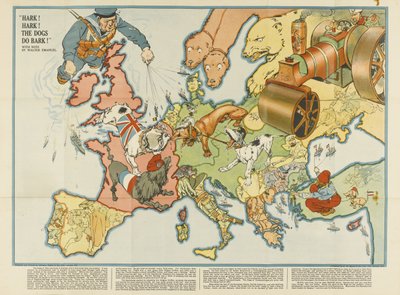 Słuchać uważnie! Słuchać uważnie! Psy szczekają! Europejska mapa satyryczna, 1914 autorstwa Unbekannt