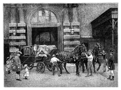 Zaprzęganie czarnych koni w Royal Mews, Pałac Buckingham, Londyn, ok. 1888 r. autorstwa Unbekannt