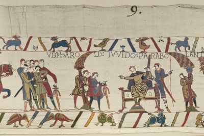 Harold i hrabia Guy z Ponthieu rozmawiają w Beaurain, Bayeux Tapestry (haft z wełny na płótnie) autorstwa Unbekannt