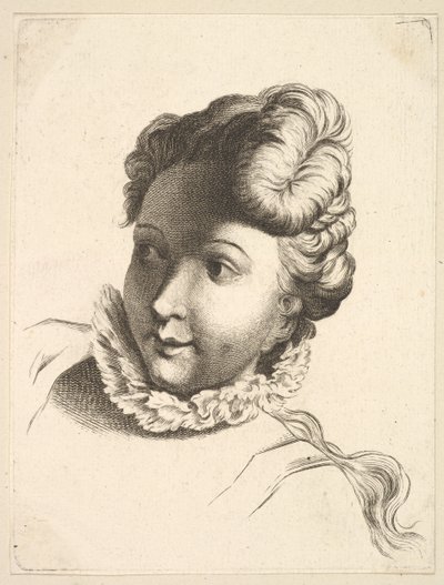 Głowa kobiety w kryzie, z Livre de Têtes Gravées dapres F. Boucher et ..., XVIII wiek. autorstwa Unbekannt