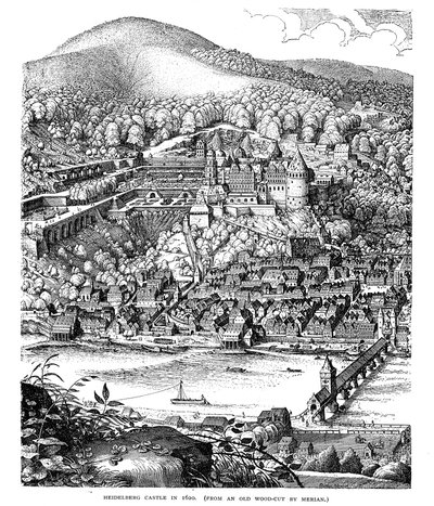 Zamek i miasto Heidelberg widziane po drugiej stronie rzeki Neckar, Niemcy, 1620 r. autorstwa Unbekannt