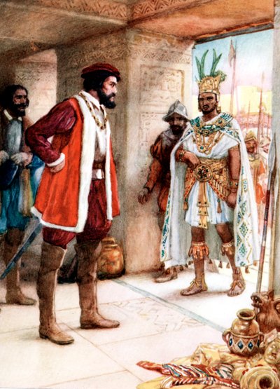 Hernan Cortes spotykający się z cesarzem Azteków Montezumą, 1519 autorstwa Unbekannt