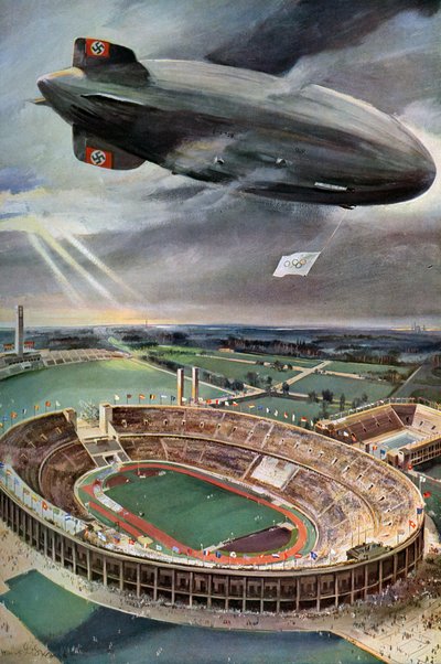Hindenburg zeppelin nad Stadionem Olimpijskim, Berlin, 1936 autorstwa Unbekannt