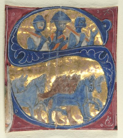 Historyczny inicjał S wycięty z Biblii: Soldiers and Horses, 1200s. autorstwa Unbekannt