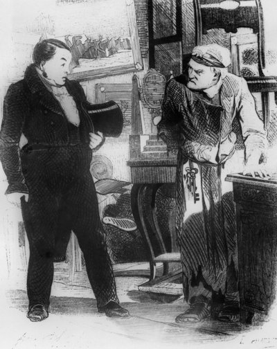 Ilustracja przedstawiająca „Martwe dusze” Gogola, Chichikov (z lewej) odwiedza Puszkina (Puszkina), drzeworyt przez starzenie autorstwa Unbekannt