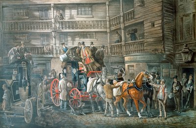 Podwórko zajazdu z autobusem pocztowym przygotowującym się do wyjazdu, ok. 1840 r. autorstwa Unbekannt