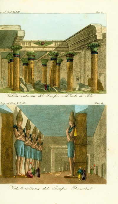 Wnętrze świątyni Izydy na wyspie Philae w Nubii oraz wnętrze Wielkiej Świątyni Ramzesa II w Abu Simbel (Ibsambuł), Nubia autorstwa Unbekannt