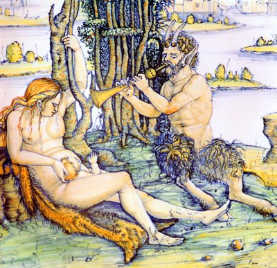 Talerz włoskiej ceramiki przedstawiający rodzinę satyrów po Durer autorstwa Unbekannt