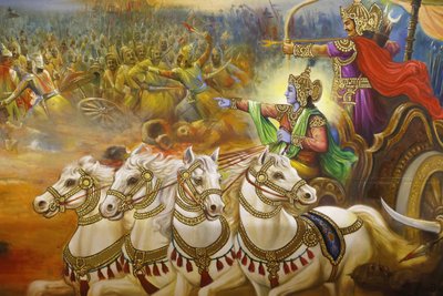 Świątynia hinduska Jalaram Prathanna, Leicester. Fresk. Kryszna, woźnica prowadzący Ardżunę na polu bitwy na Kurukszetrze. Zjednoczone Królestwo autorstwa Unbekannt