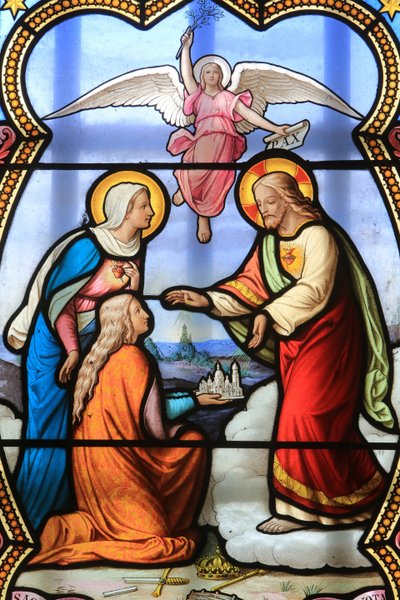Jezus Chrystus i Maryja Panna. Witraż. Sanktuarium Matki Bożej z la Salette, La Salette-Fallavaux, Francja autorstwa Unbekannt