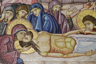 Jezus położył na nowym grobie Józefa z Arymatei, detal mozaiki przedstawiający pochówek Jezusa Chrystusa, Kościół Grobu Świętego, Jerozolima, Izrael autorstwa Unbekannt