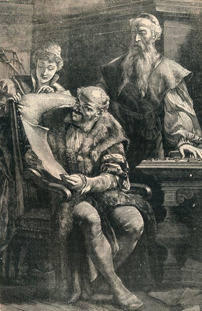 Jan Gutenberg pokazuje Faustowi część pierwszej drukowanej księgi, XIV w., ok. 1910 autorstwa Unbekannt