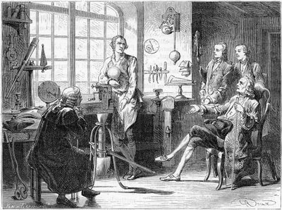 Joseph Black odwiedzający Jamesa Watta w jego warsztacie w Glasgow, ok. 1760 ok. 1879 r. autorstwa Unbekannt