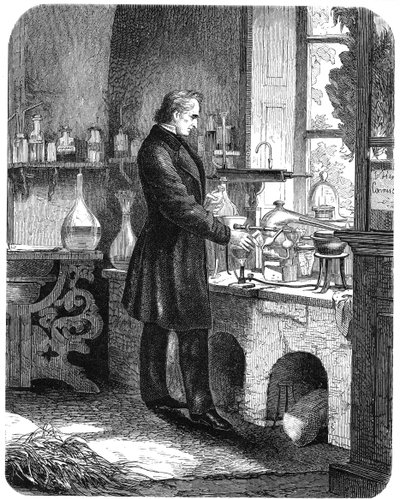 Justus von Liebig, niemiecki chemik, przy pracy w swoim laboratorium, połowa XIX wieku ok. 1885 r. autorstwa Unbekannt