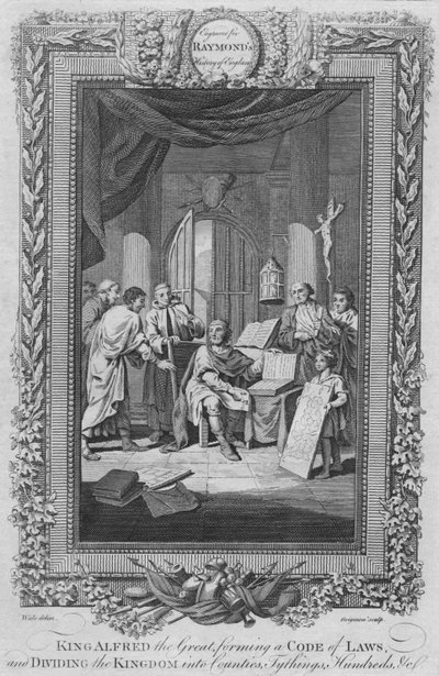 Król Alfred Wielki, tworzący kodeks praw i dzielący królestwo na hrabstwa, c1787 autorstwa Unbekannt