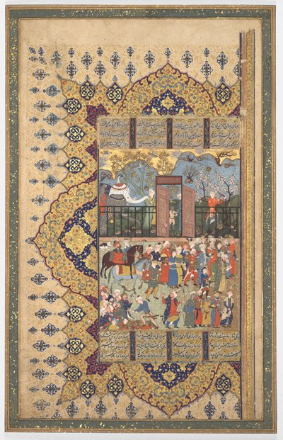 Król Luhrasp wstępuje na tron: Proceson przybywa na dziedzińcu Recto..., c. 1560-80. autorstwa Unbekannt