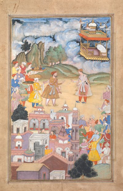 Król Sal odwiedza Kala Yavanę, Folio z Harivamsa Legend of Hari Krishna, K. 1590-95. autorstwa Unbekannt