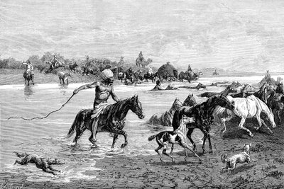 Kirgizi przeprawiający się przez rzekę, Kirgistan, 1895 autorstwa Unbekannt