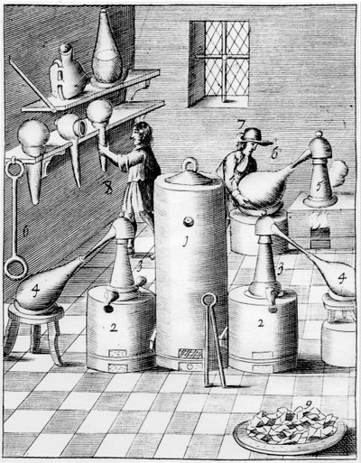Laboratorium uszlachetniania złota i srebra, przedstawiające typowy sprzęt laboratoryjny, 1683 autorstwa Unbekannt