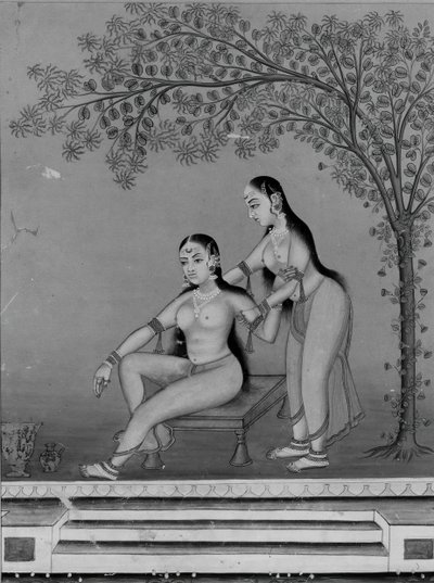 Pani w toalecie z opiekunem na tarasie, ca. 1800. autorstwa Unbekannt