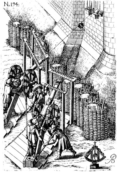 Nałożenie kanonu oblężniczego na cel, z maszyny Le Diverse et artificiose, 1620 autorstwa Unbekannt