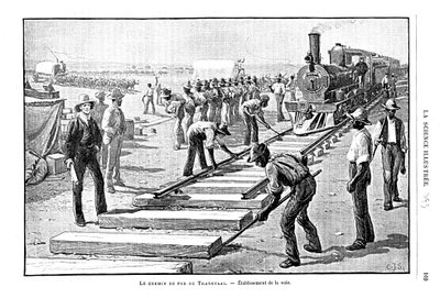 Układanie podkładów i szyn na stałe na Kolei Transwalskiej, RPA, 1893 autorstwa Unbekannt