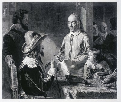 Angielski lekarz William Harvey (1578-1637) przedstawiający królowi Karolowi I Stuartowi (1600-1649) teorię krążenia krwi autorstwa Unbekannt